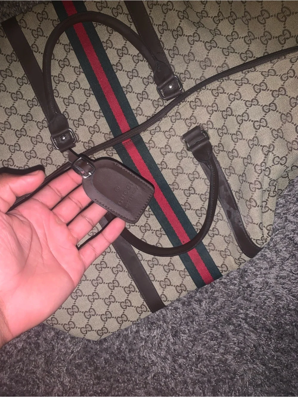Gucci Brown Monogram Weekend Bag with Red & Green Web Stripe